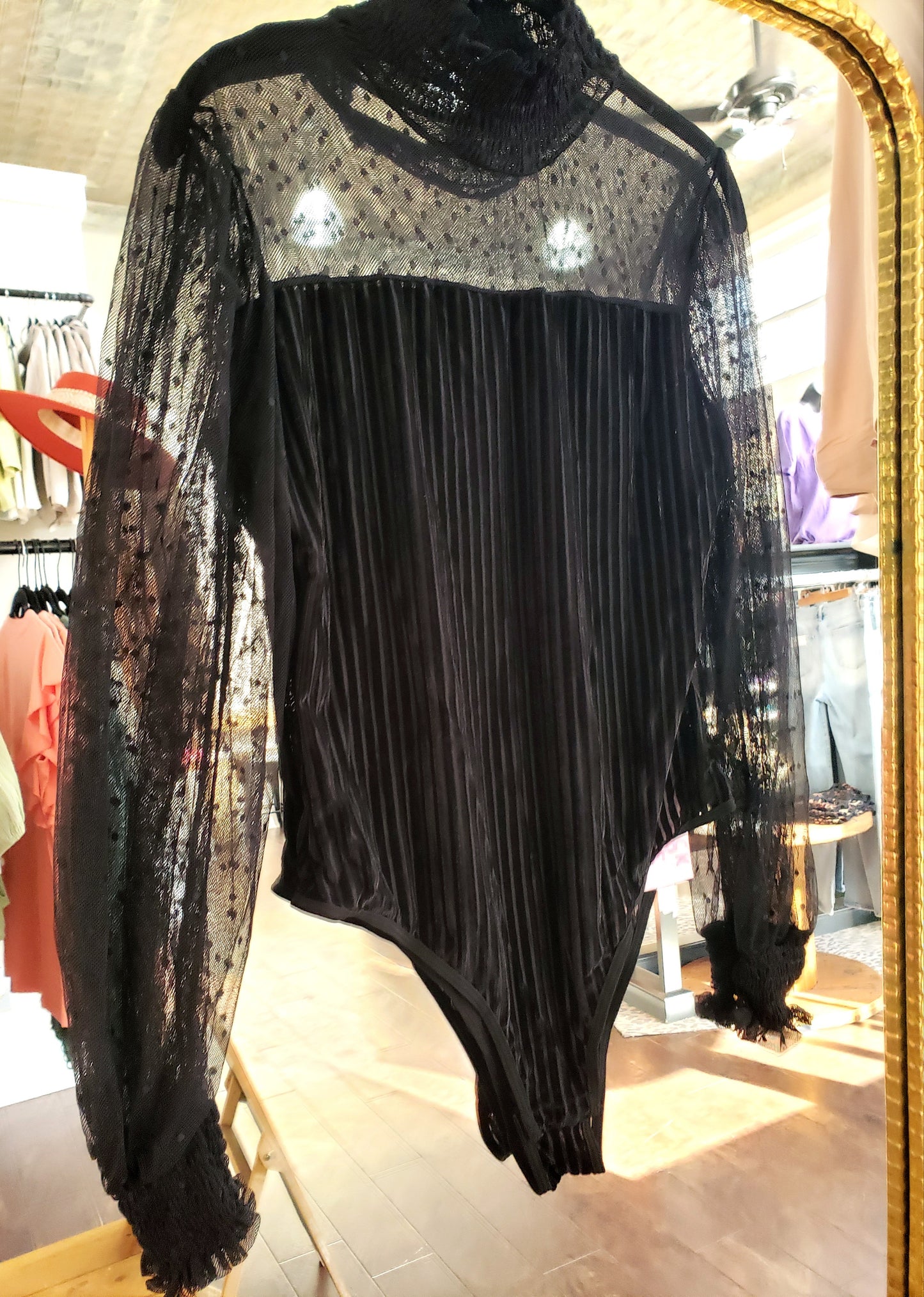 SHEER DOT RIBBED VELVET BODYSUIT