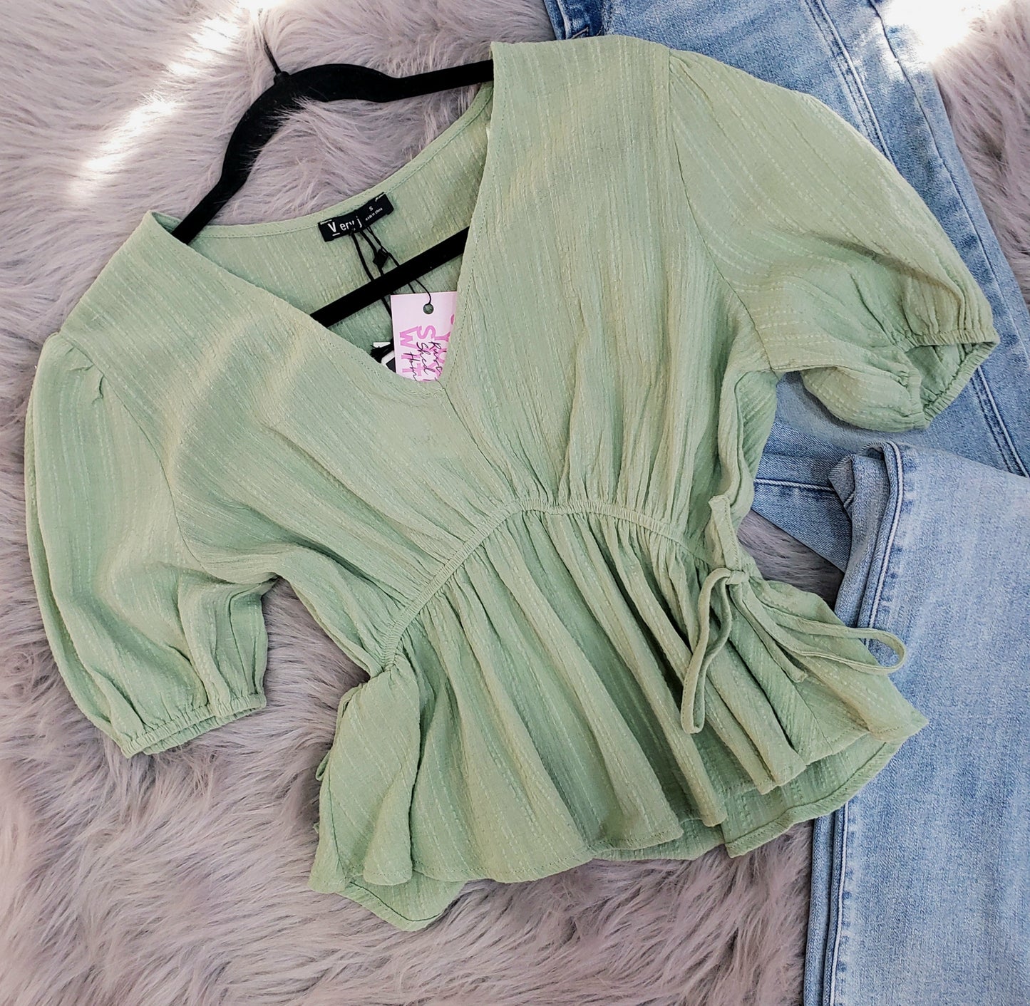 Sage Crinkled Peplum blouse