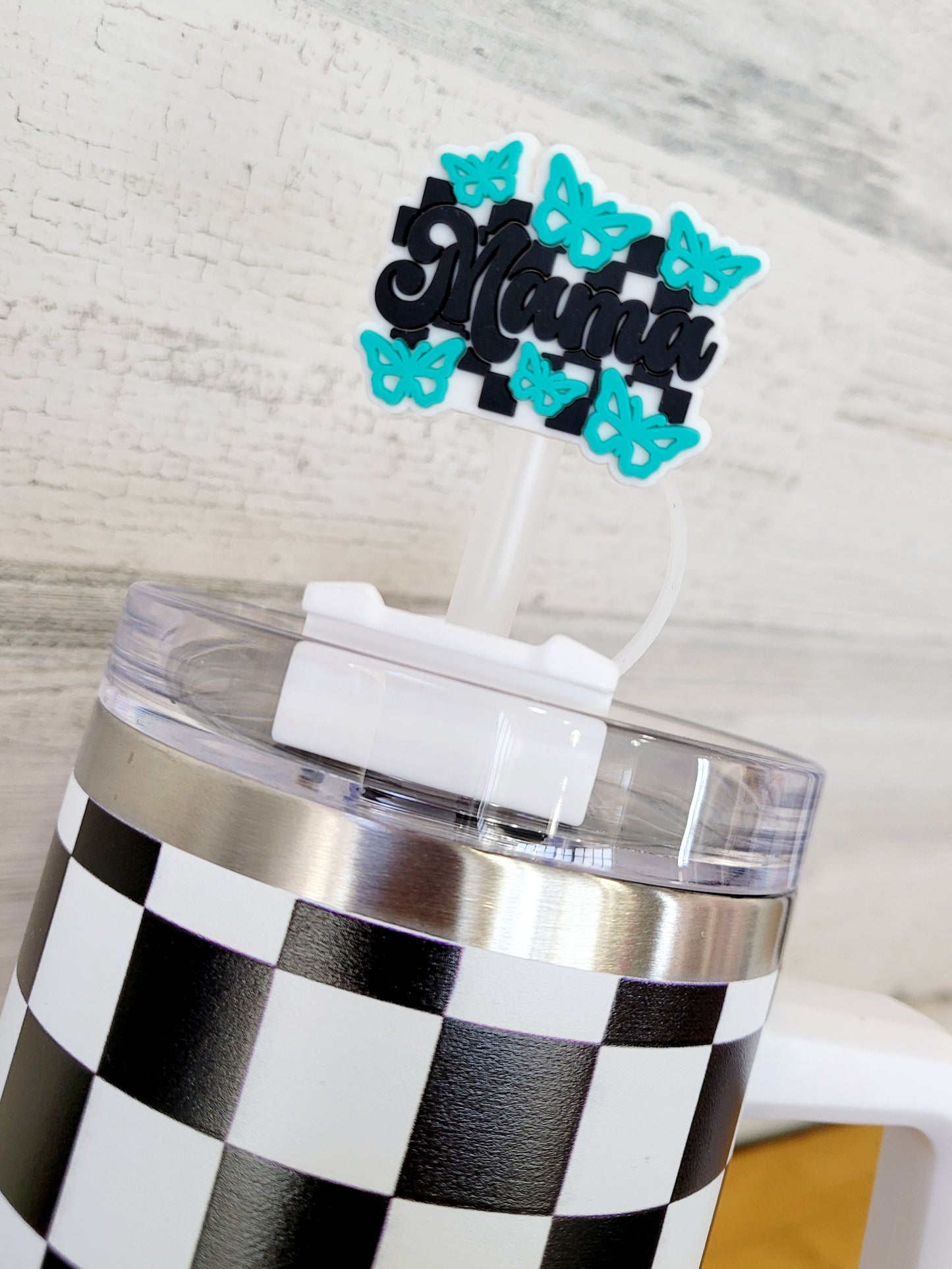 CHECKERED BUTTERFLY MAMA STRAW TOPPER
