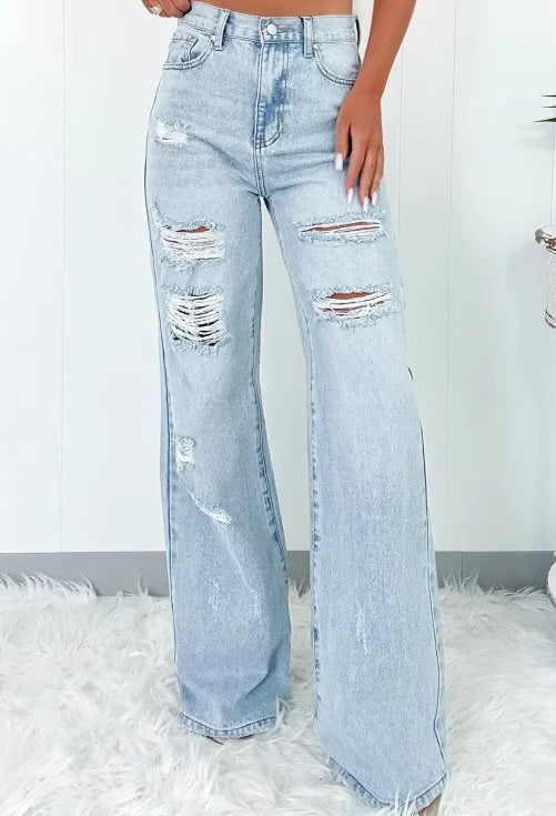 LT WASH DISTRESSED HI WAIST JEANS