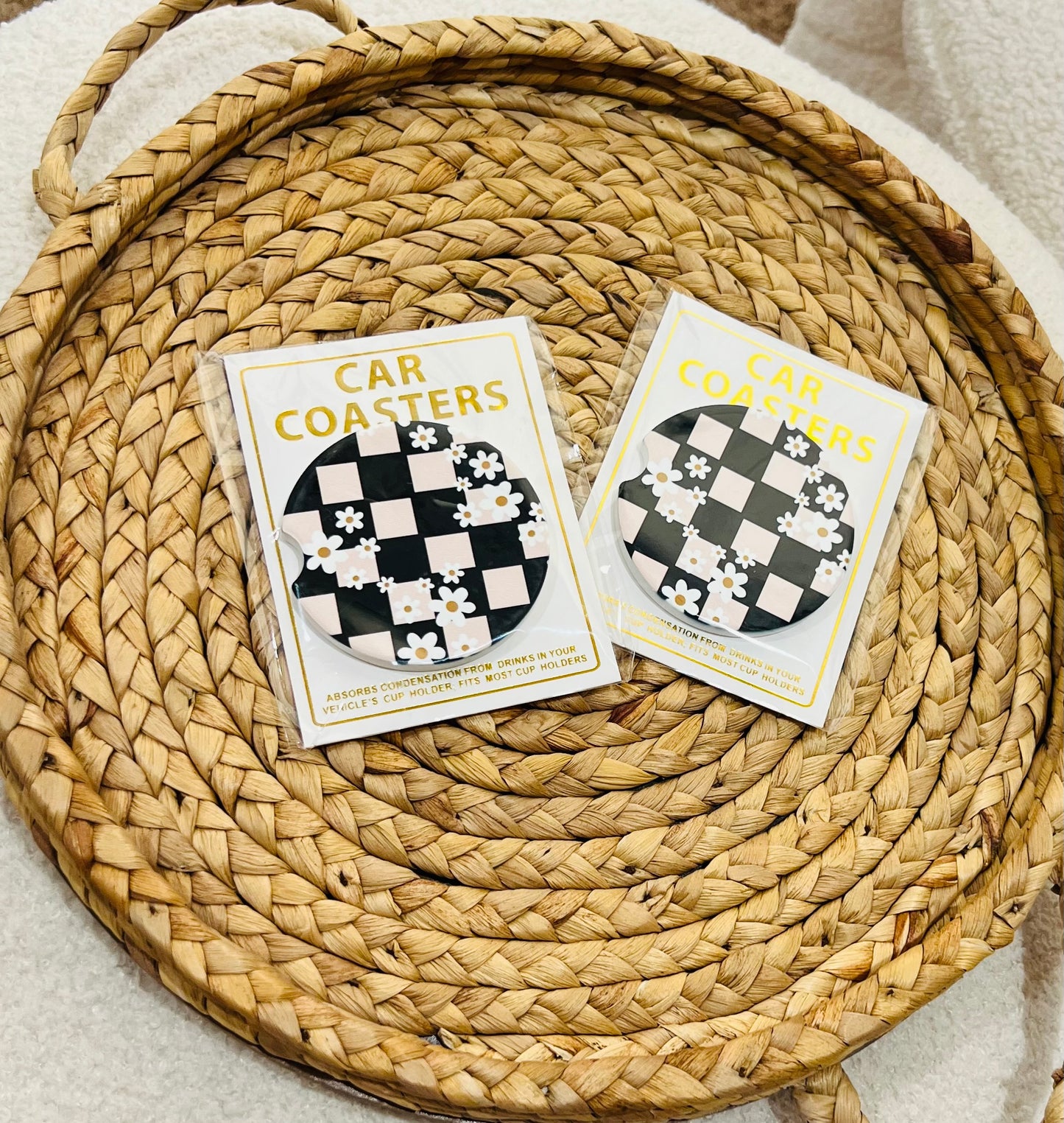 DAISY & CHECKERED CAR COASTERS