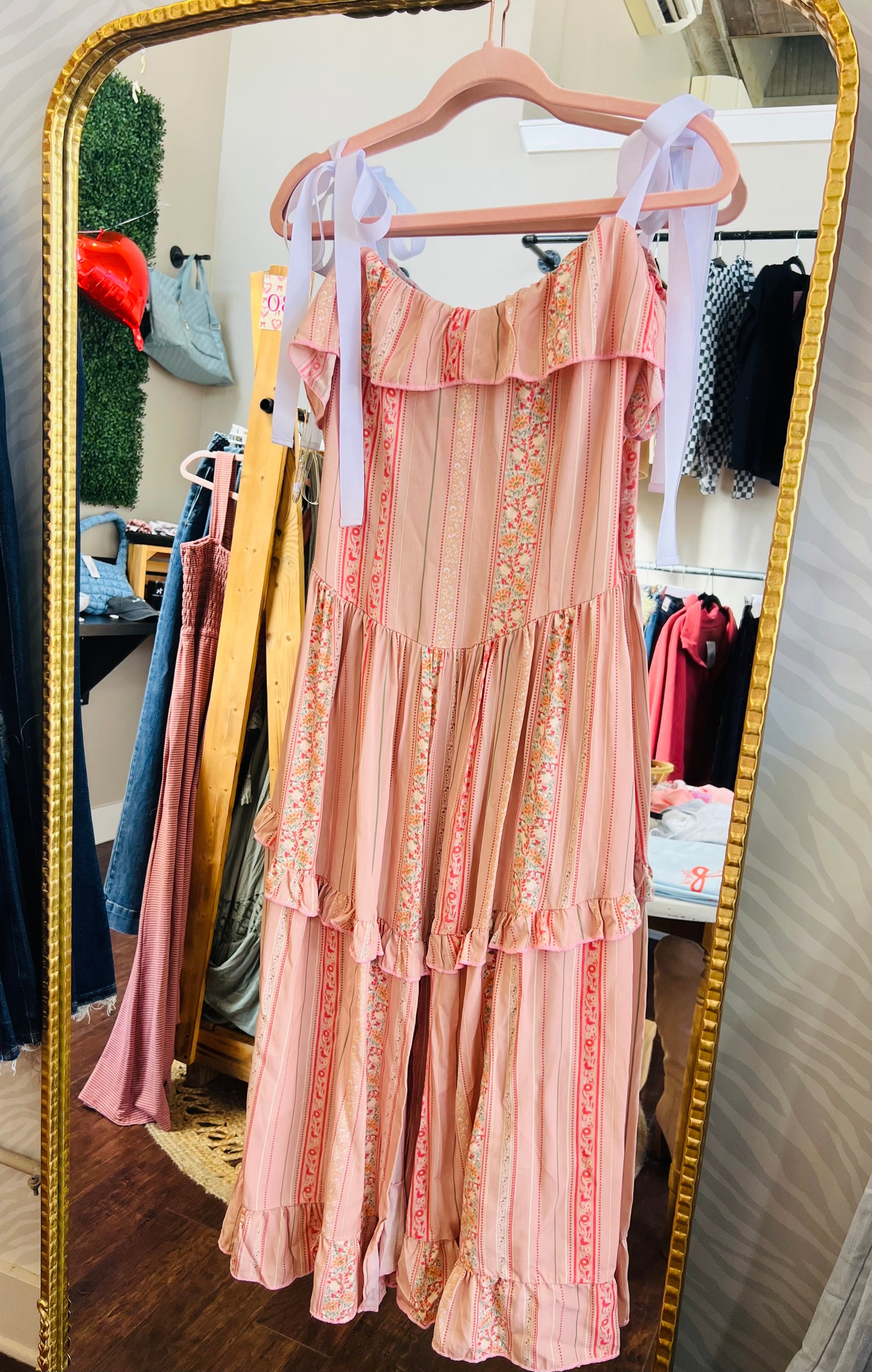 BOW SHOULDER SMOCKED DRESS