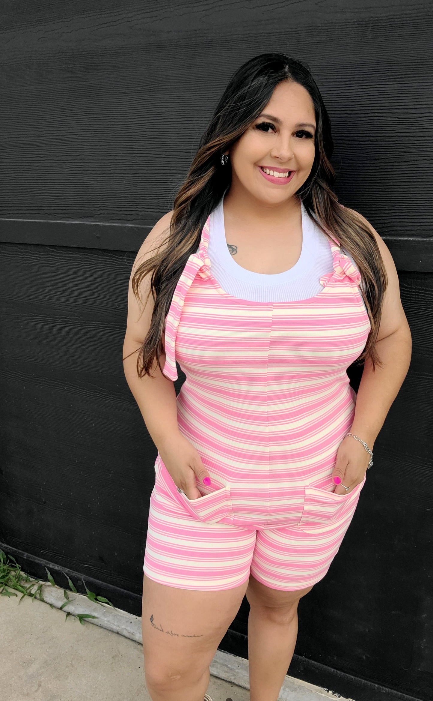PINK STRIPE KNOTTED STRAP ROMPER