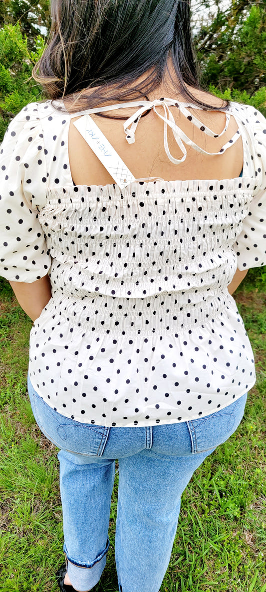 POLKA DOT SMOCKED PEPLUM TOP