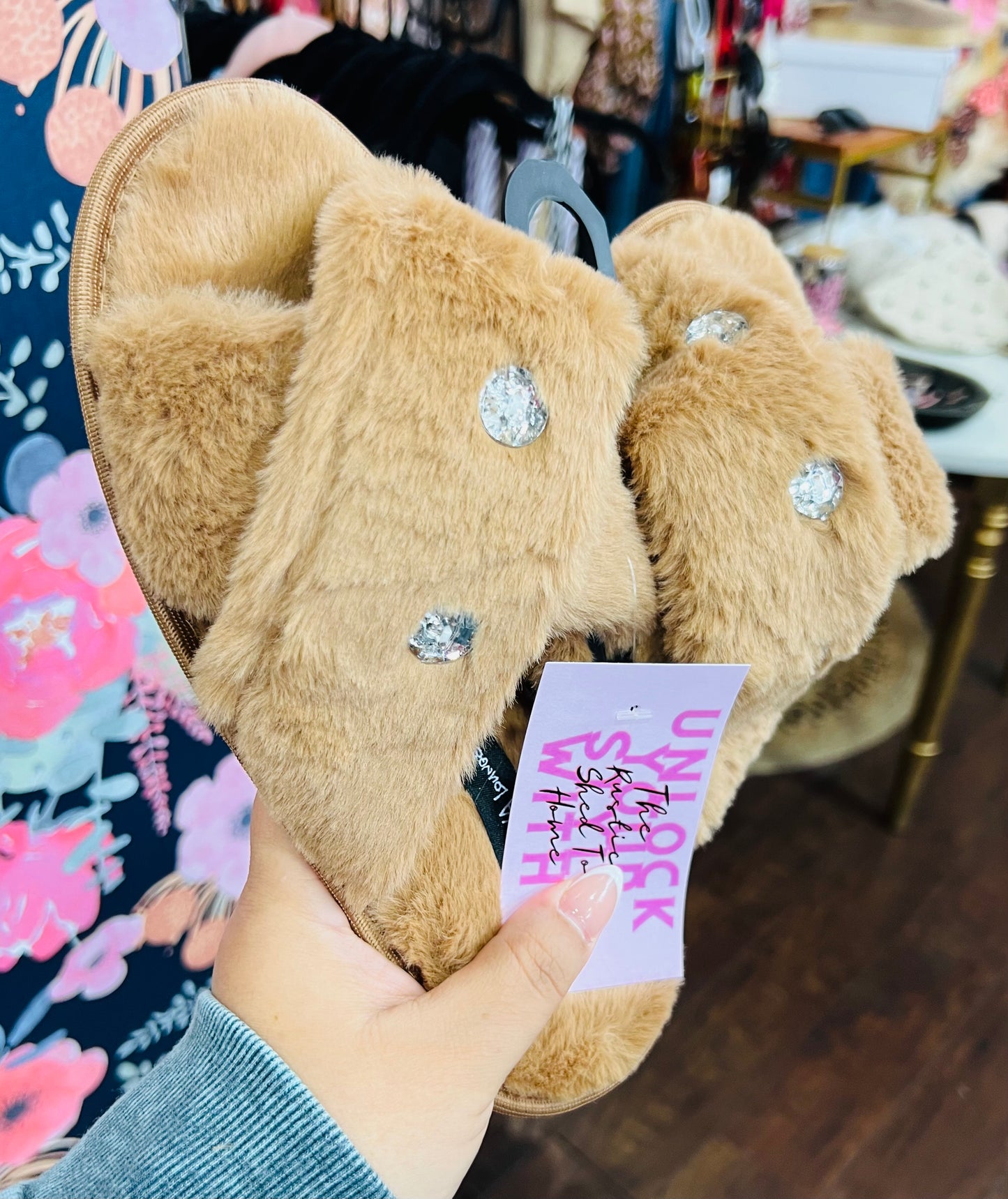 FUR RHINESTONE SLIPPERS