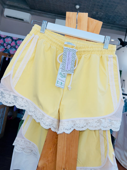 YELLOW LACE TRIM SHORTS