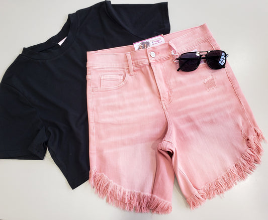 PRETTY IN PINK FRAYED HEM SHORTS