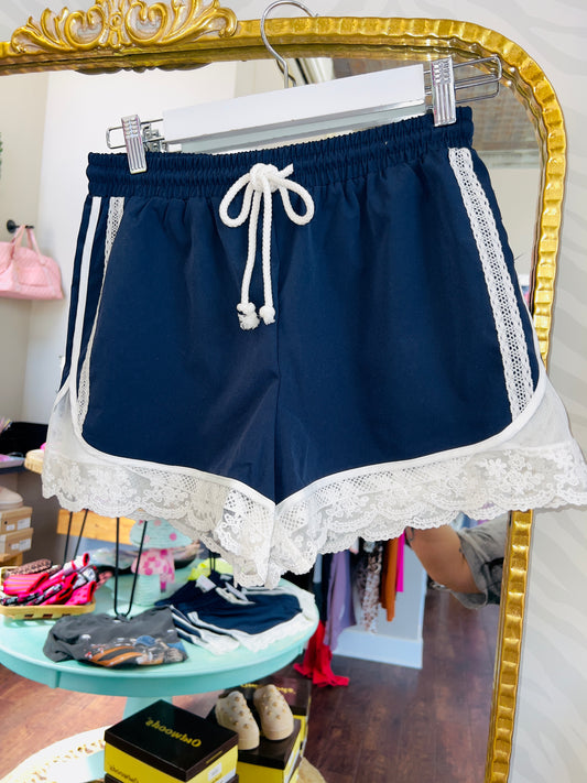 NAVY LACE TRIM SHORTS