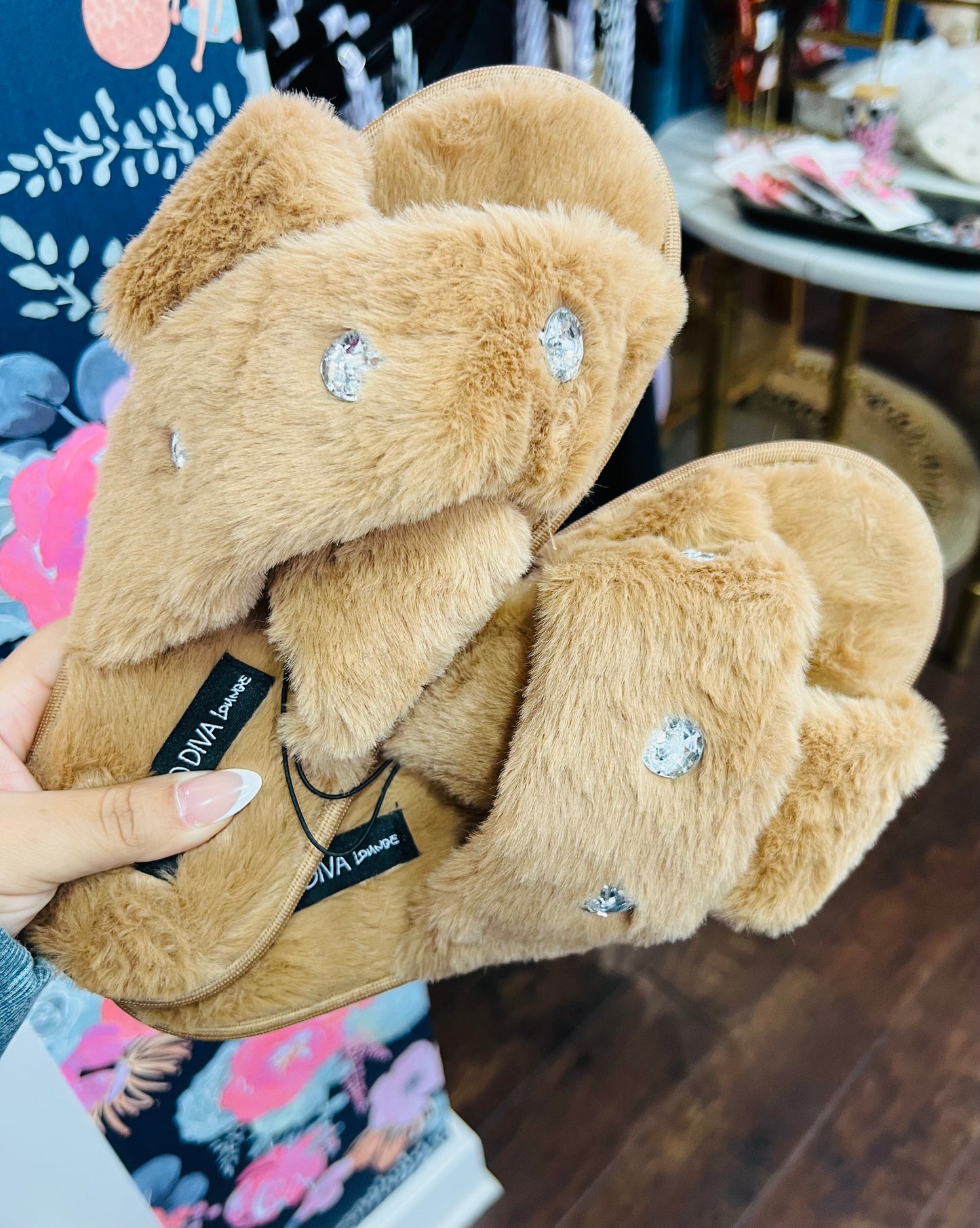 FUR RHINESTONE SLIPPERS