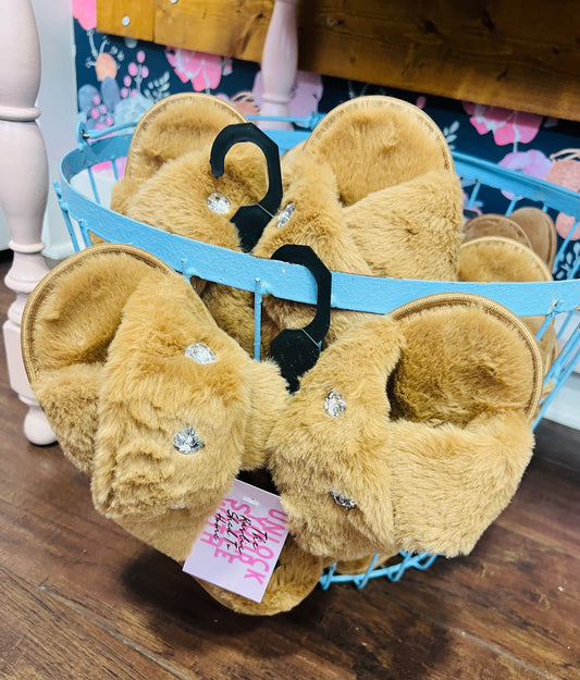 FUR RHINESTONE SLIPPERS