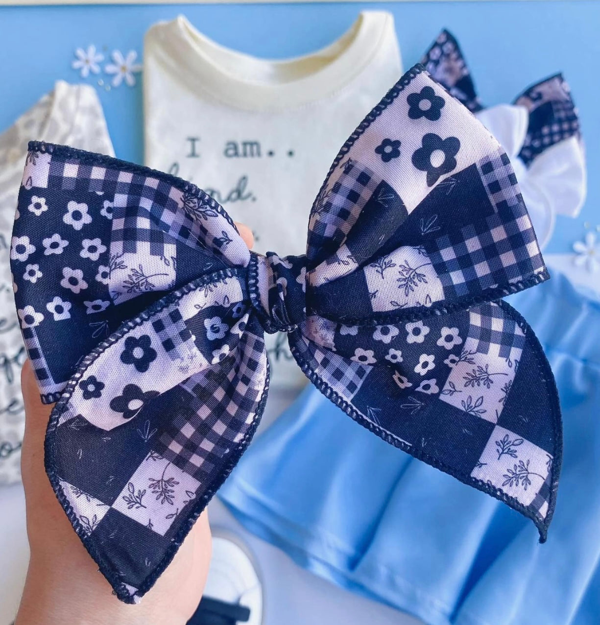 BLUE PATCHWORK BOW