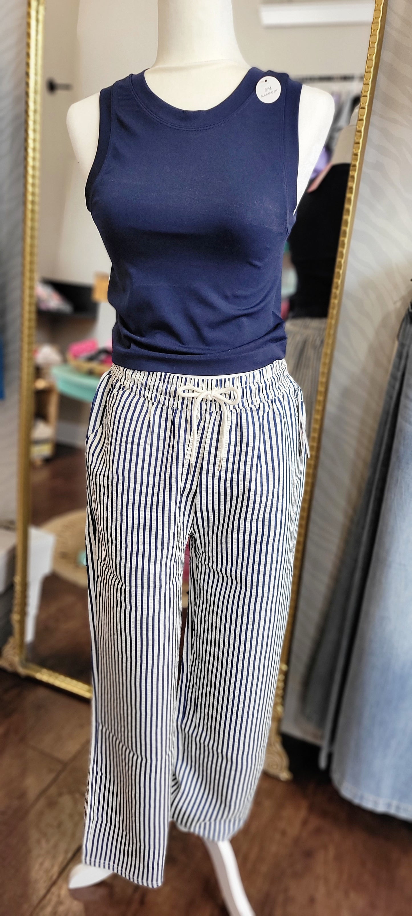 NAVY STRIPED STRAIGHT LEG PANTS