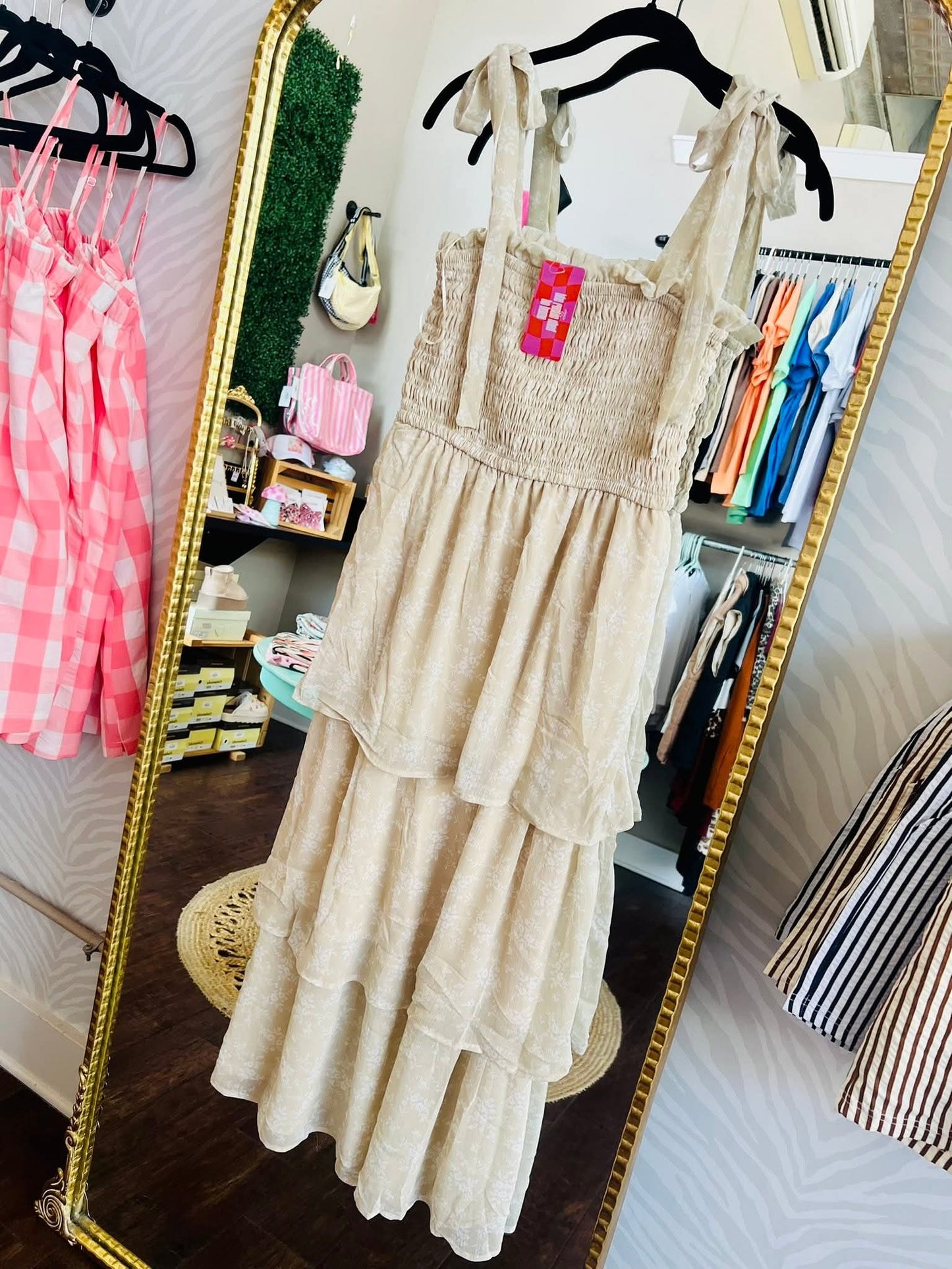 TAN FLORAL SMOCKED DRESS
