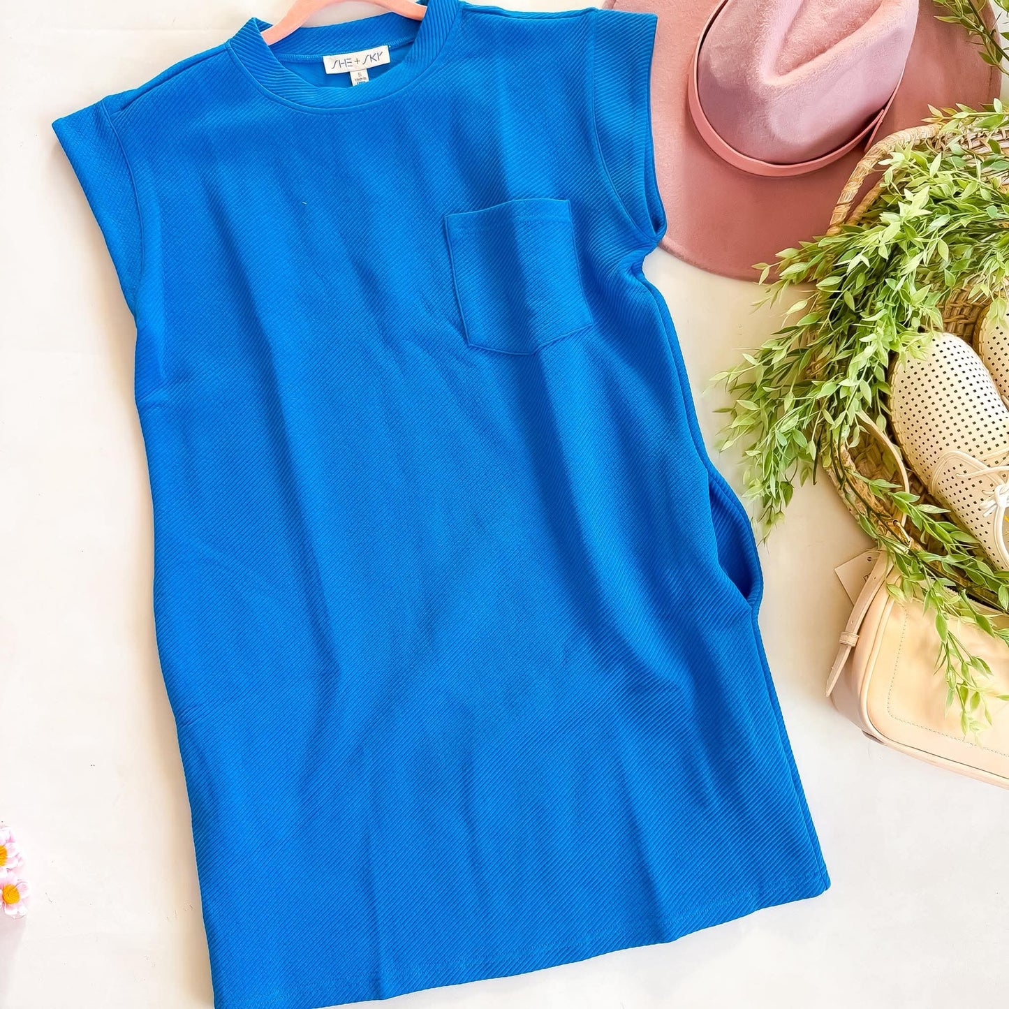 OCEAN BLUE TEXTURED POCKET DRESS