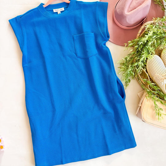 OCEAN BLUE TEXTURED POCKET DRESS