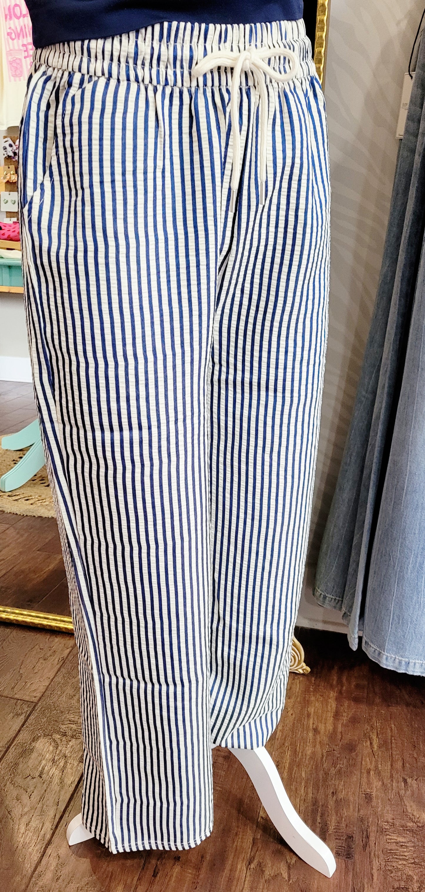 NAVY STRIPED STRAIGHT LEG PANTS
