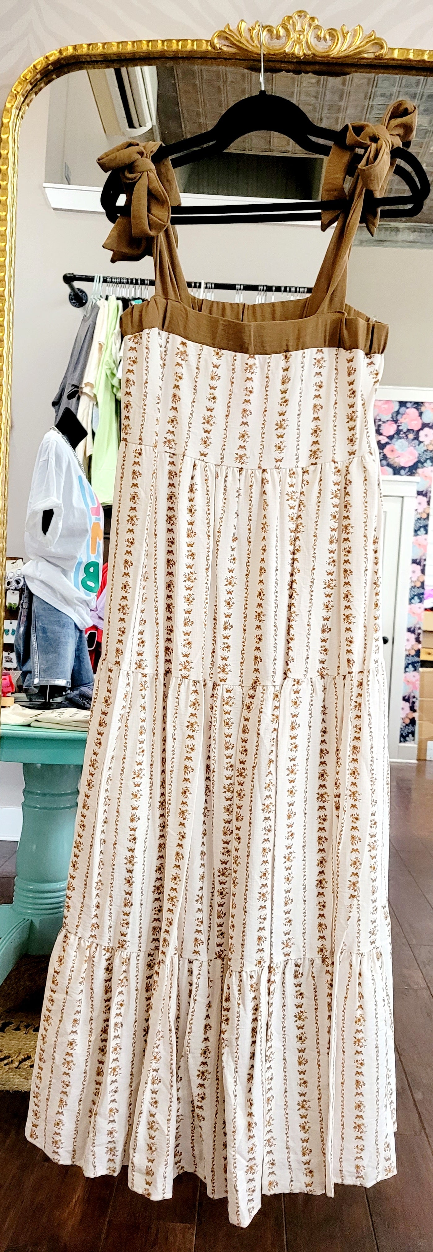 CAMEL FLORAL SMOCKED DRESS