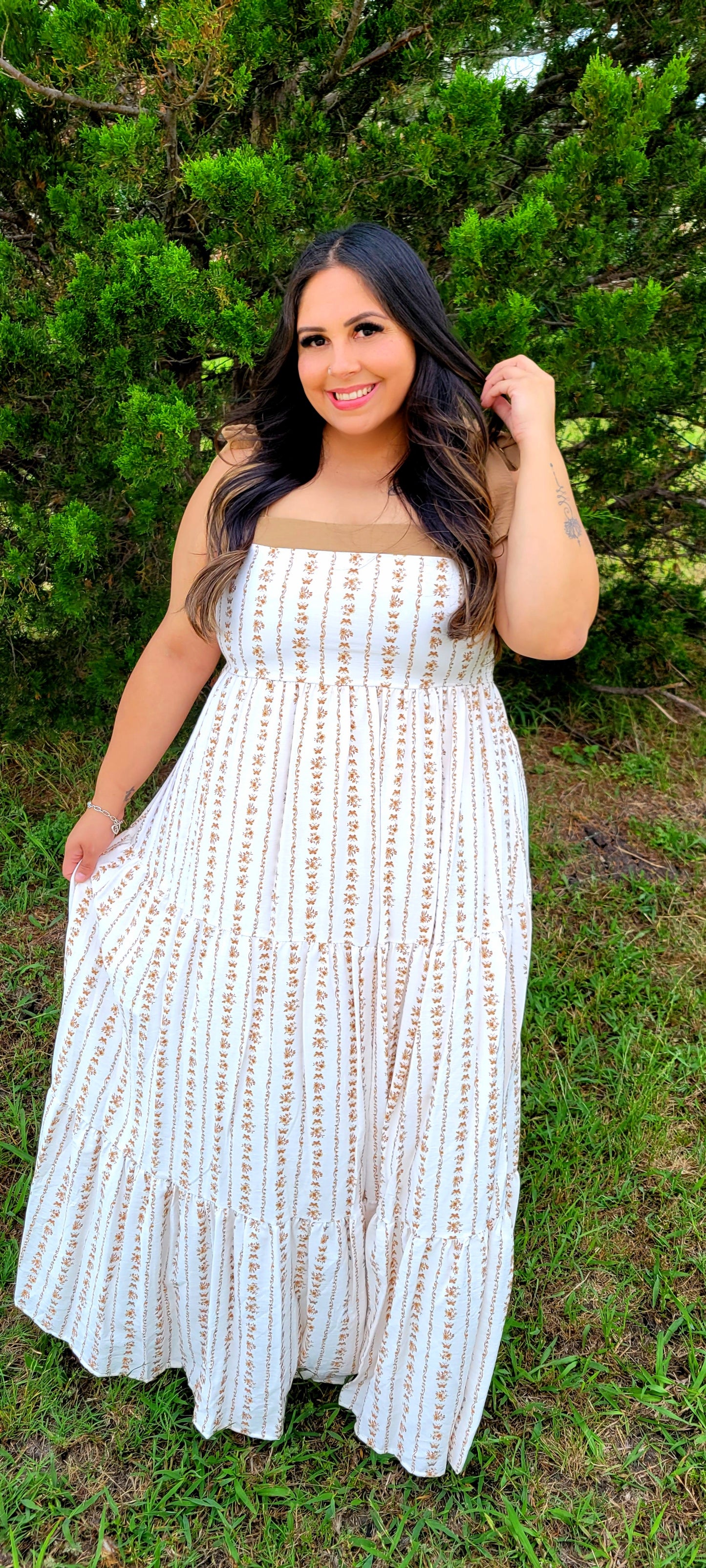 CAMEL FLORAL SMOCKED DRESS