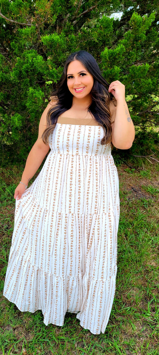 CAMEL FLORAL SMOCKED DRESS