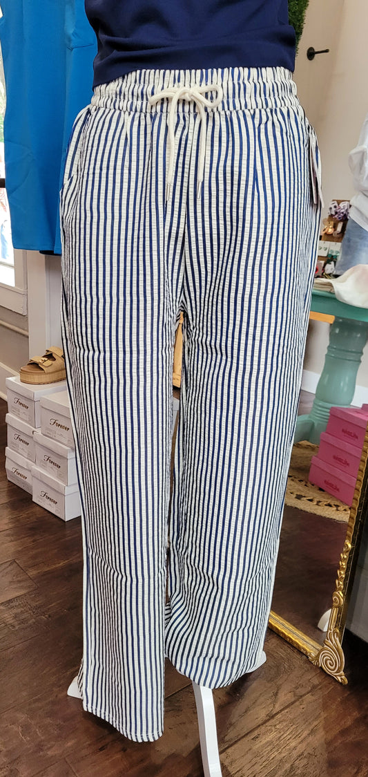 NAVY STRIPED STRAIGHT LEG PANTS