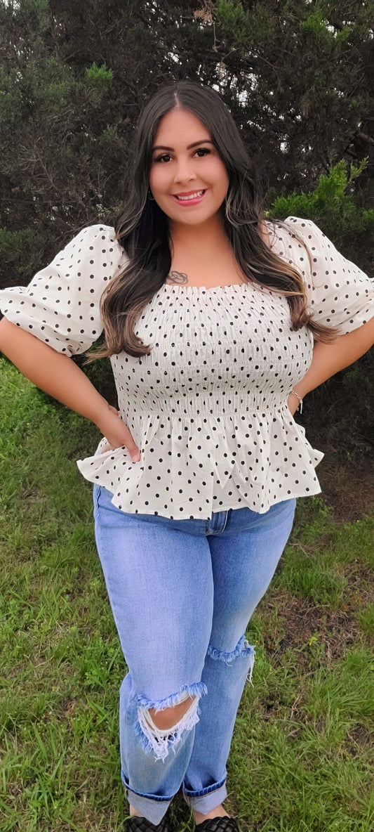 POLKA DOT SMOCKED PEPLUM TOP