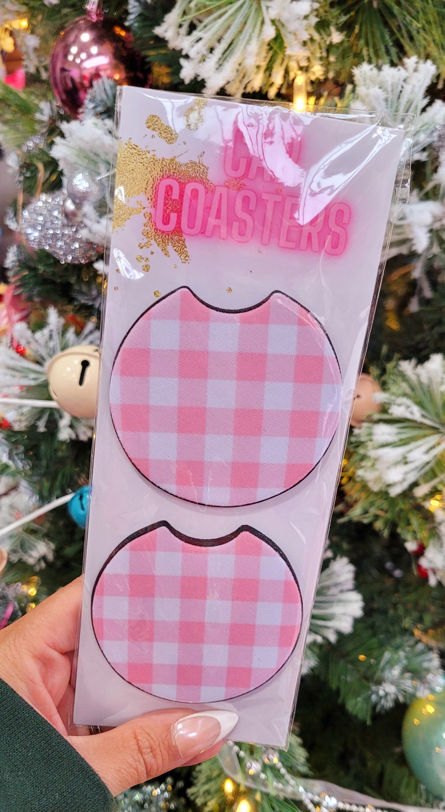PINK GINGHAM CAR COASTERS