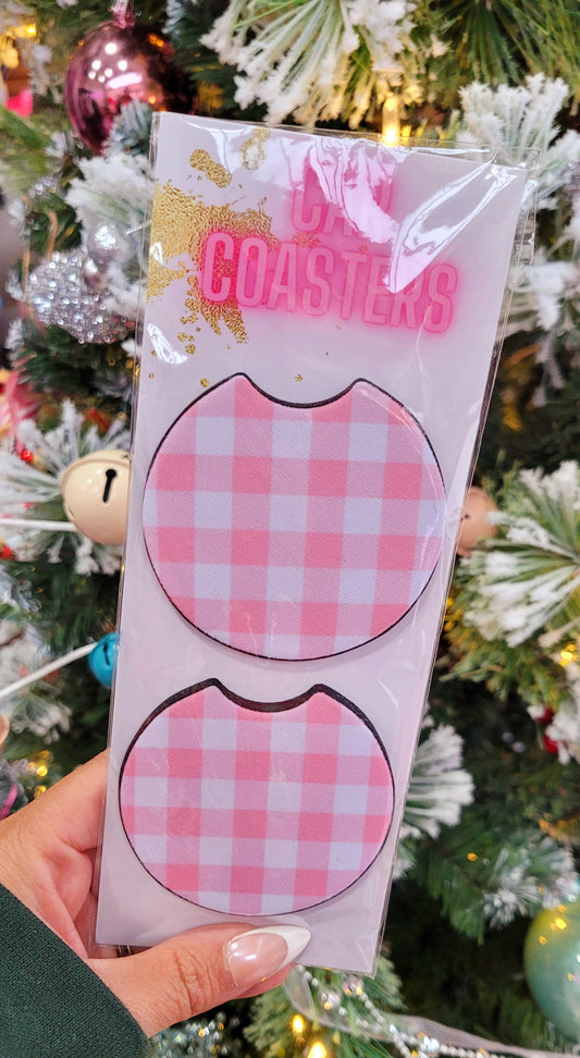PINK GINGHAM CAR COASTERS